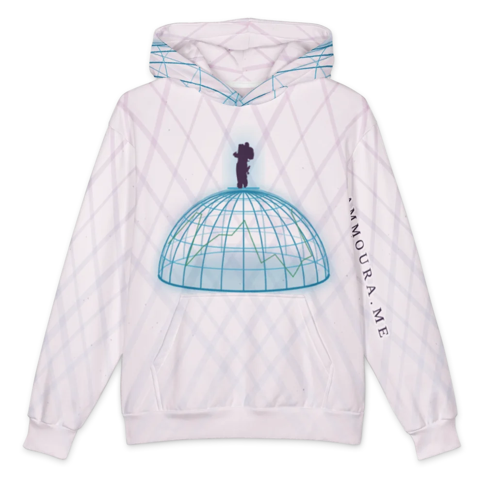 Pale pink pullover hoodie crossed all over by soft lilac diagonal beams. On the chest, a blue wireframe dome with a small dark silhouette of two figures embracing on top. AMMOURA.ME runs down the left sleeve.
