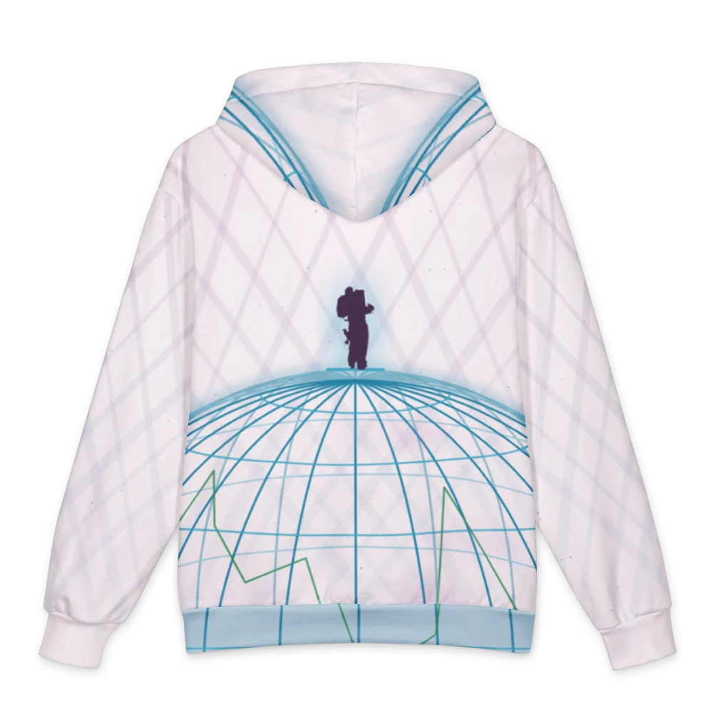 The back of the hoodie: a much larger blue wireframe dome filling the lower back, with the dark silhouette on top, under the same beams.