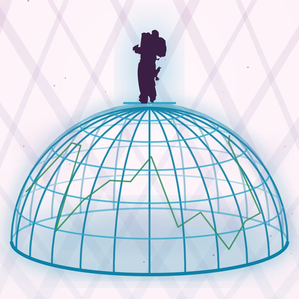Close-up of the chest print on the pale ground: the blue wireframe dome with a green line tracing across it and the dark silhouette on top.