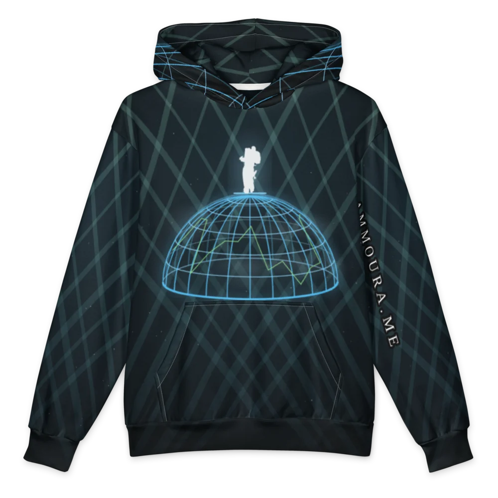 Dark teal pullover hoodie crossed all over by pale diagonal beams. On the chest, a glowing blue wireframe dome with a small white silhouette of two figures embracing on top. AMMOURA.ME runs down the left sleeve.