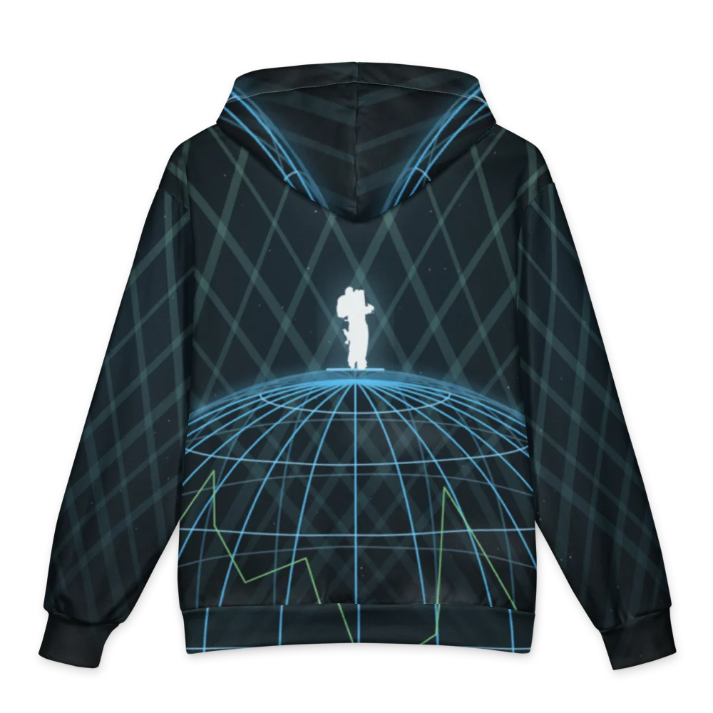 The back of the hoodie: a much larger wireframe dome filling the lower back, with the white silhouette on top, under the same beams.