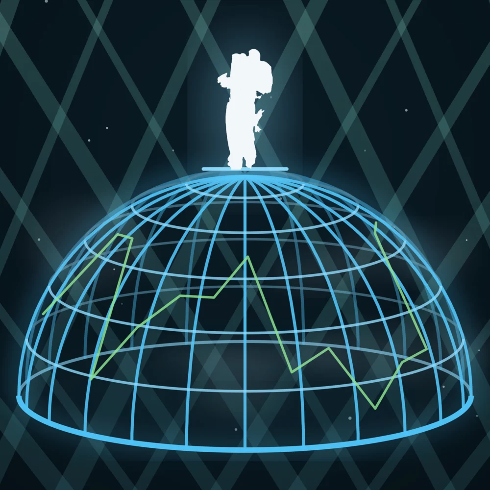 Close-up of the chest print: the blue wireframe dome with a green line tracing across it and the glowing white silhouette on top.