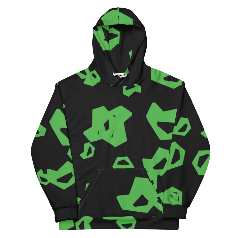 The hoodie laid flat, front up: large green davis9001 marks at different angles on black, over the body, sleeves, hood and pocket.