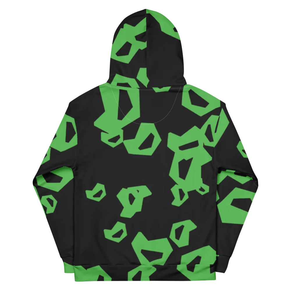 The hoodie laid flat, back up, with the same large green marks across the back and hood.