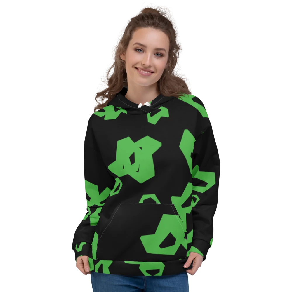 A smiling woman wearing the hoodie.