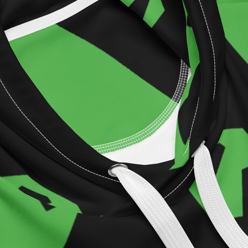 Close-up of the hood opening: green and black print, white stitching and a white drawstring.