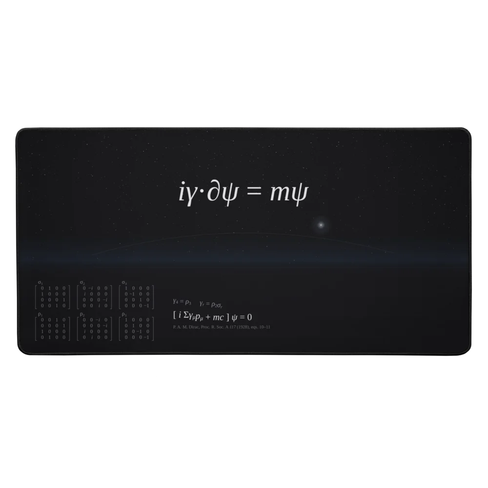 Long black desk mat. Centre top, in white: i gamma dot partial psi equals m psi. A faint blue horizon crosses it with one bright star above, and at the bottom left sit six small four-by-four matrices and a line of Dirac’s 1928 notation.