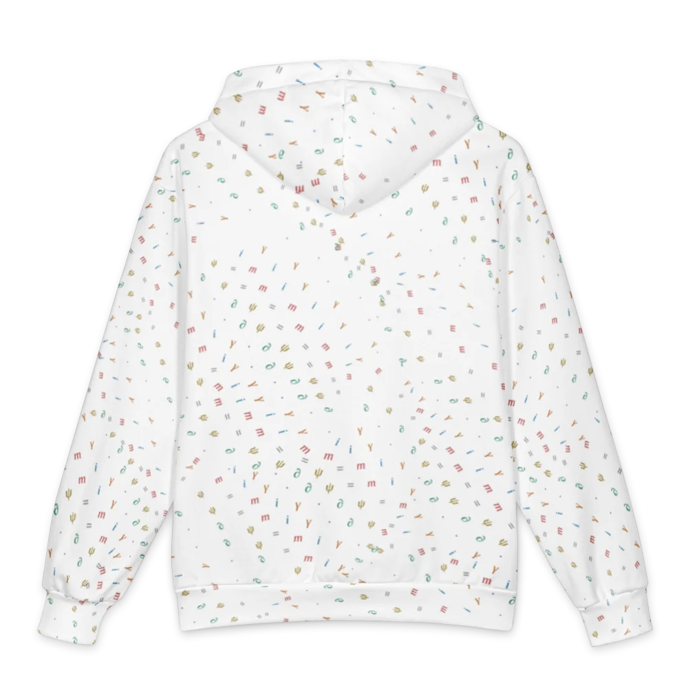 The back of the hoodie: the same small coloured symbols scattered across white, no text.