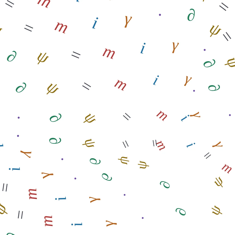 Close-up of the pattern: the letters and symbols of the equation, i, gamma, partial, psi, m and equals signs, in blue, orange, green, gold and red on white.