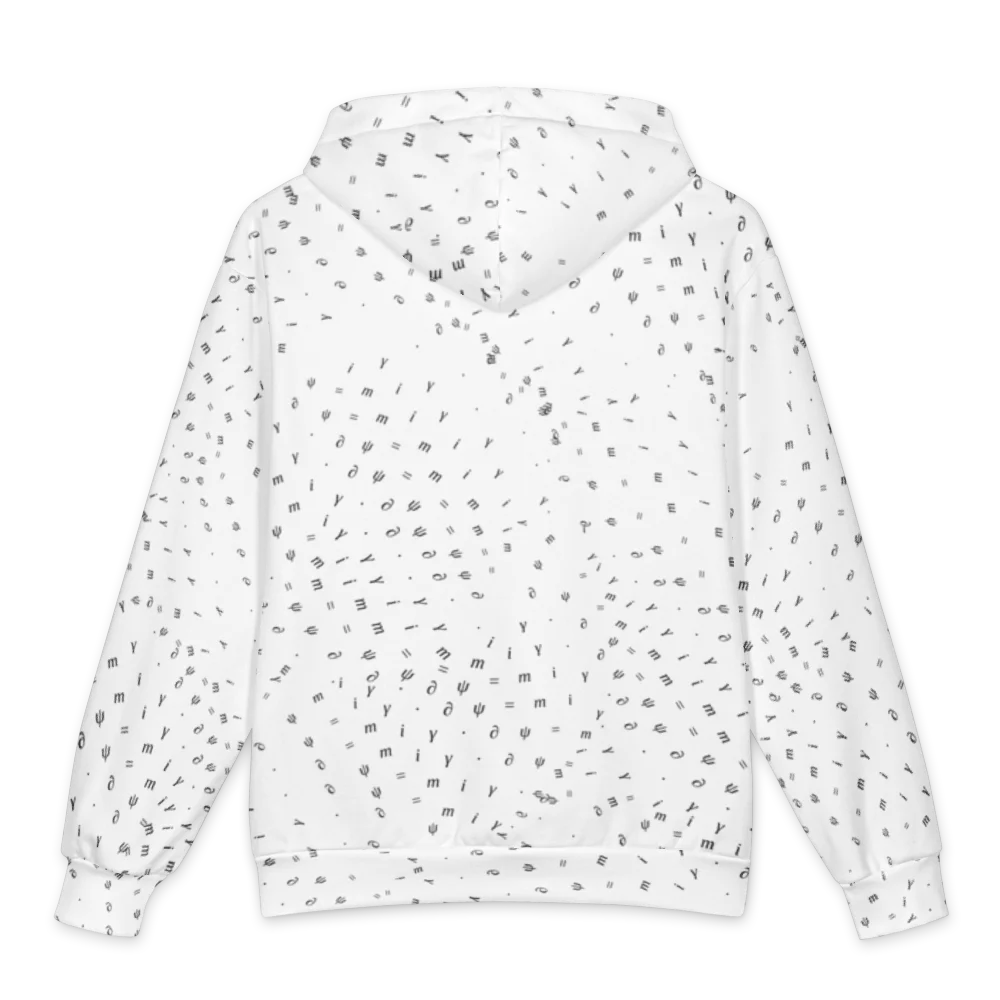 The back of the hoodie: the same small dark symbols scattered across white, no text.
