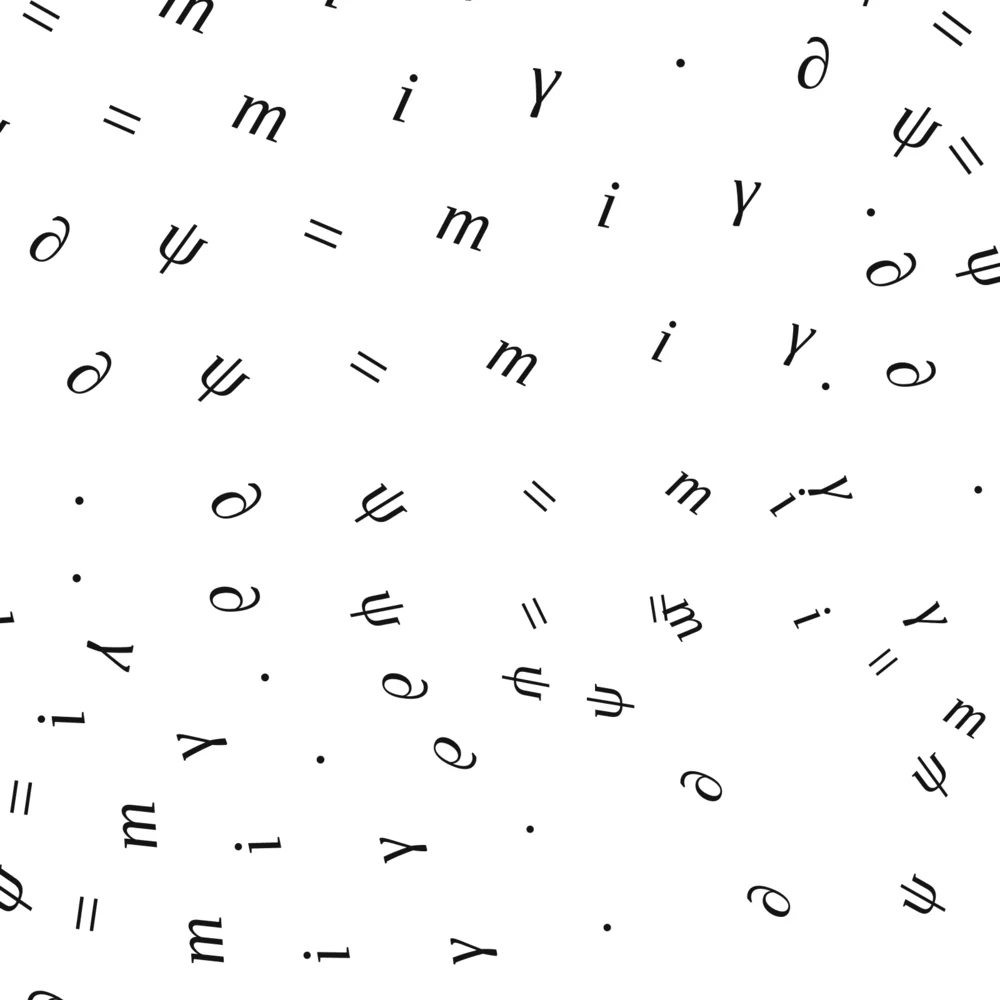 Close-up of the pattern: the letters and symbols of the equation, i, gamma, partial, psi, m and equals signs, in near-black on white.