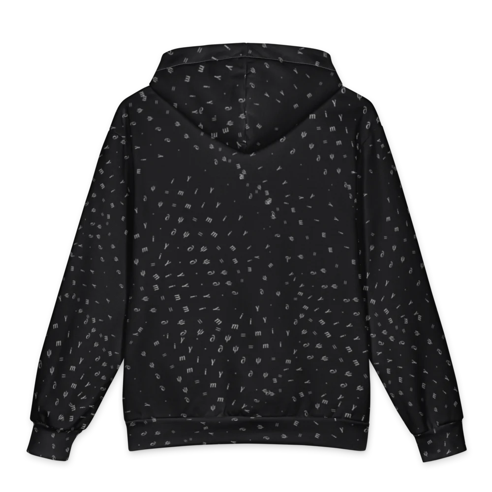 The back of the hoodie: the same small white symbols scattered across black, no text.