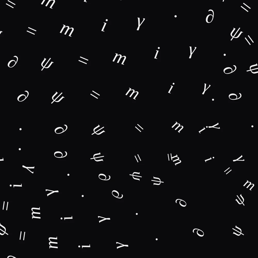 Close-up of the pattern: the letters and symbols of the equation, i, gamma, partial, psi, m and equals signs, in white on black.