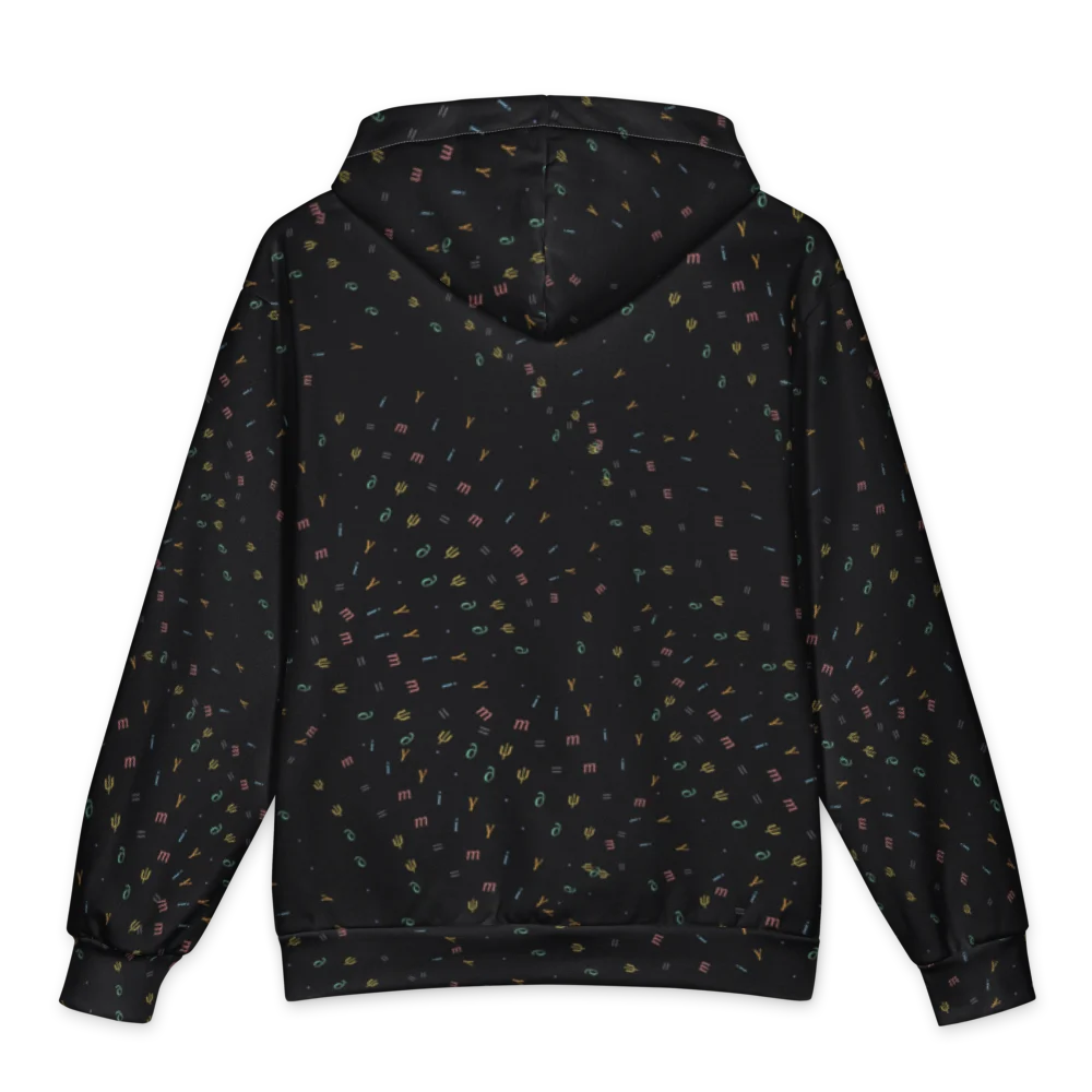 The back of the hoodie: the same small coloured symbols scattered across black, no text.
