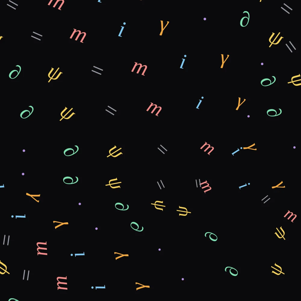 Close-up of the pattern: the letters and symbols of the equation, i, gamma, partial, psi, m and equals signs, in pink, blue, green and gold on black.