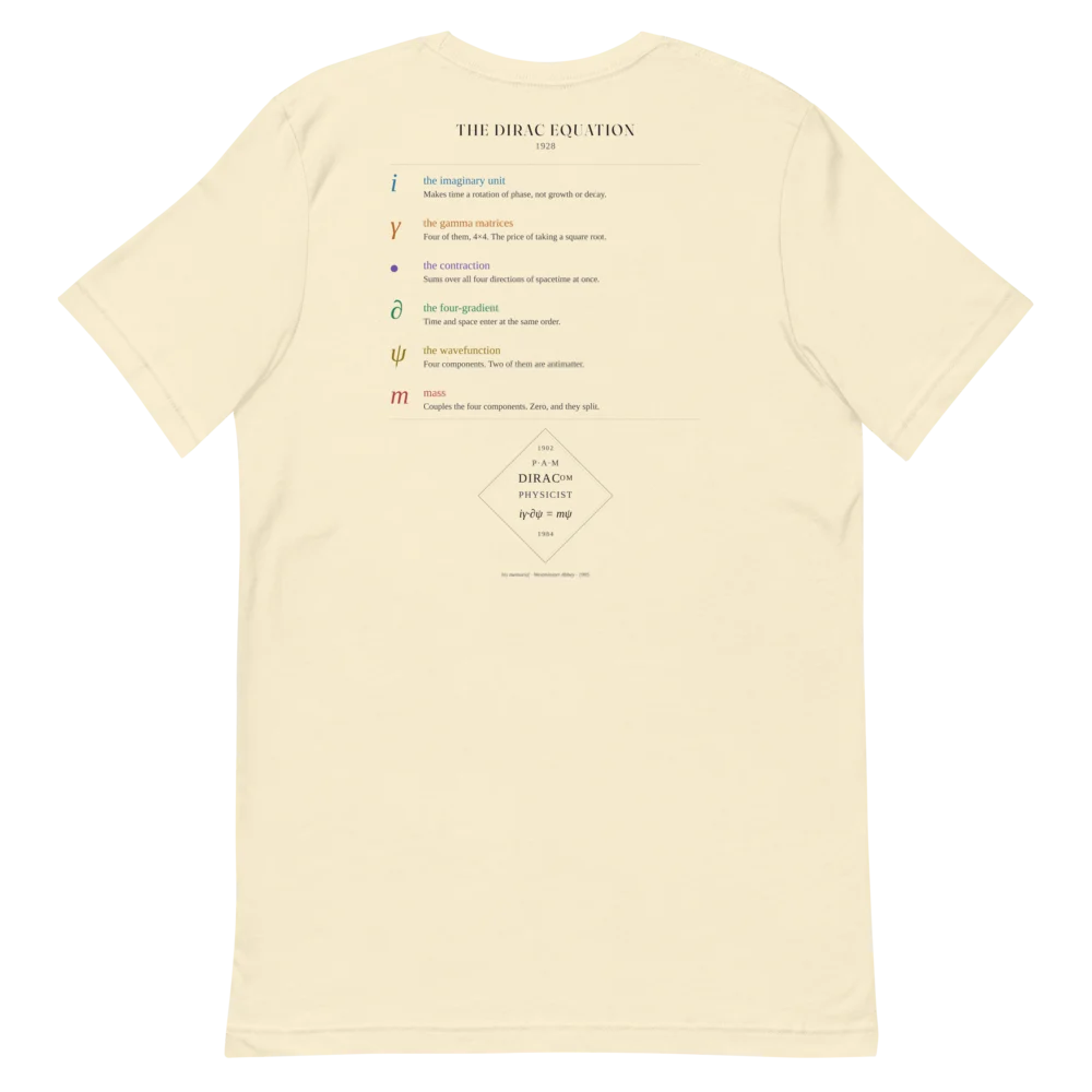 The t-shirt laid flat, back up, with a column of small dark text under the heading The Dirac Equation and a diamond-shaped panel below it.