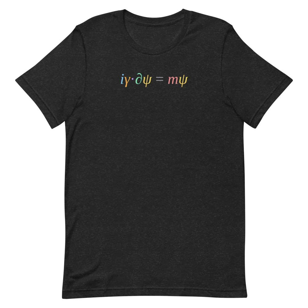 The t-shirt laid flat, front up, with the coloured equation across the chest.