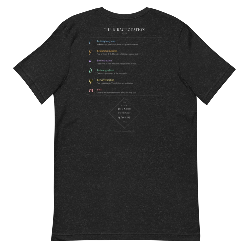 The t-shirt laid flat, back up, with a column of small text under the heading The Dirac Equation and a diamond-shaped panel below it.